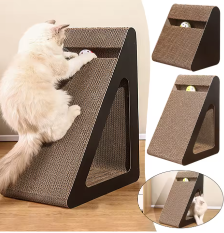 Arranhador Triangular Interativo para Gatos – 2 em 1 com Bolinhas e Raspador